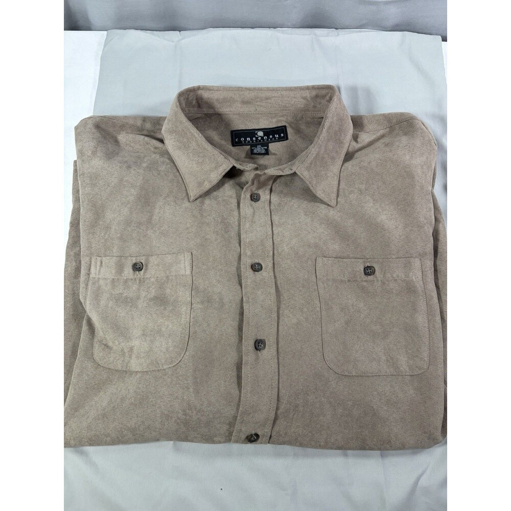 Consensus Sportswear Mens XXL Faux Suede Button Up Shirt Long Sleeve Brown / Tan
